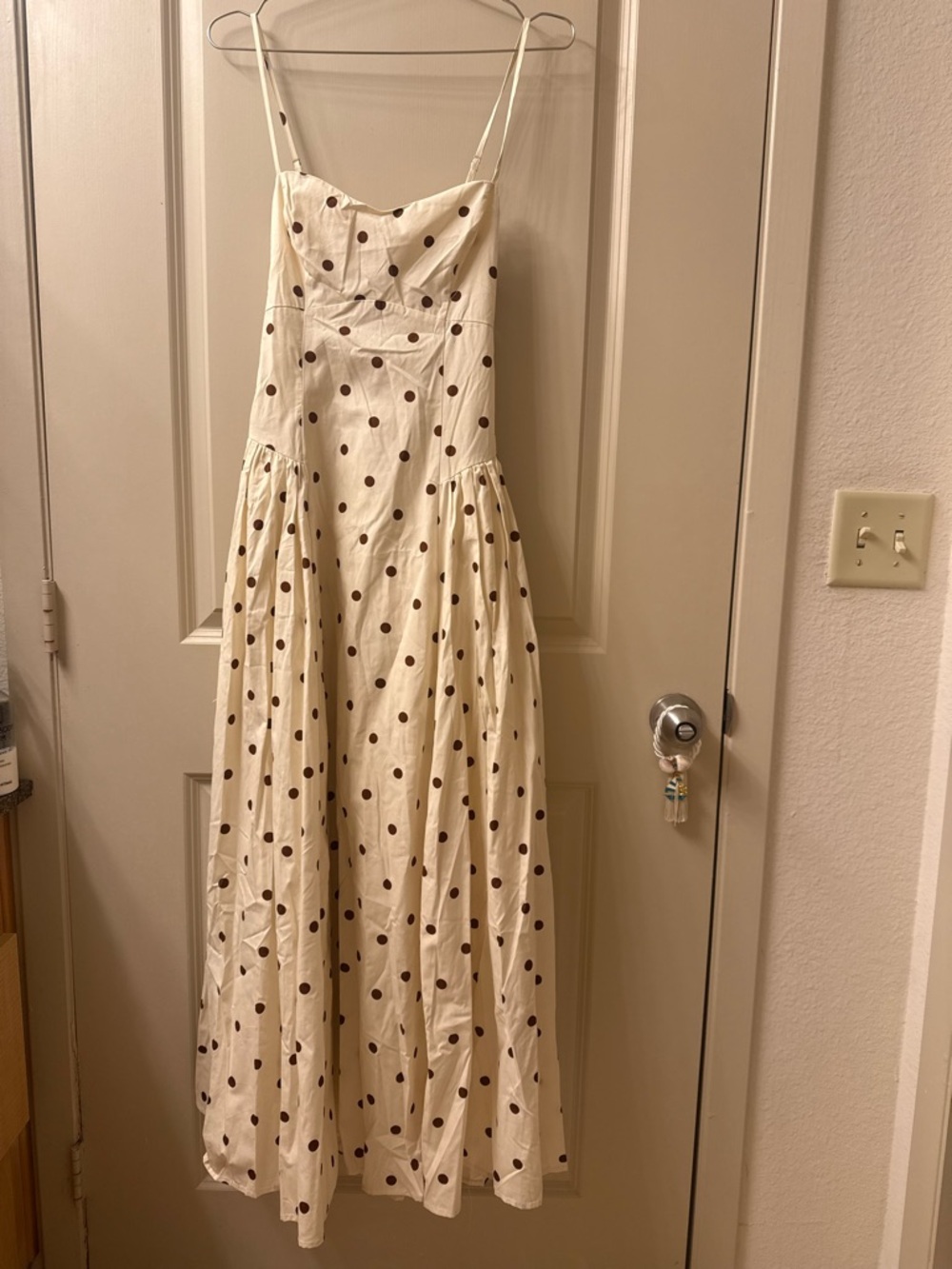 Polka Dot Cream Brown Open Back Maxi Dress with Spaghetti Straps